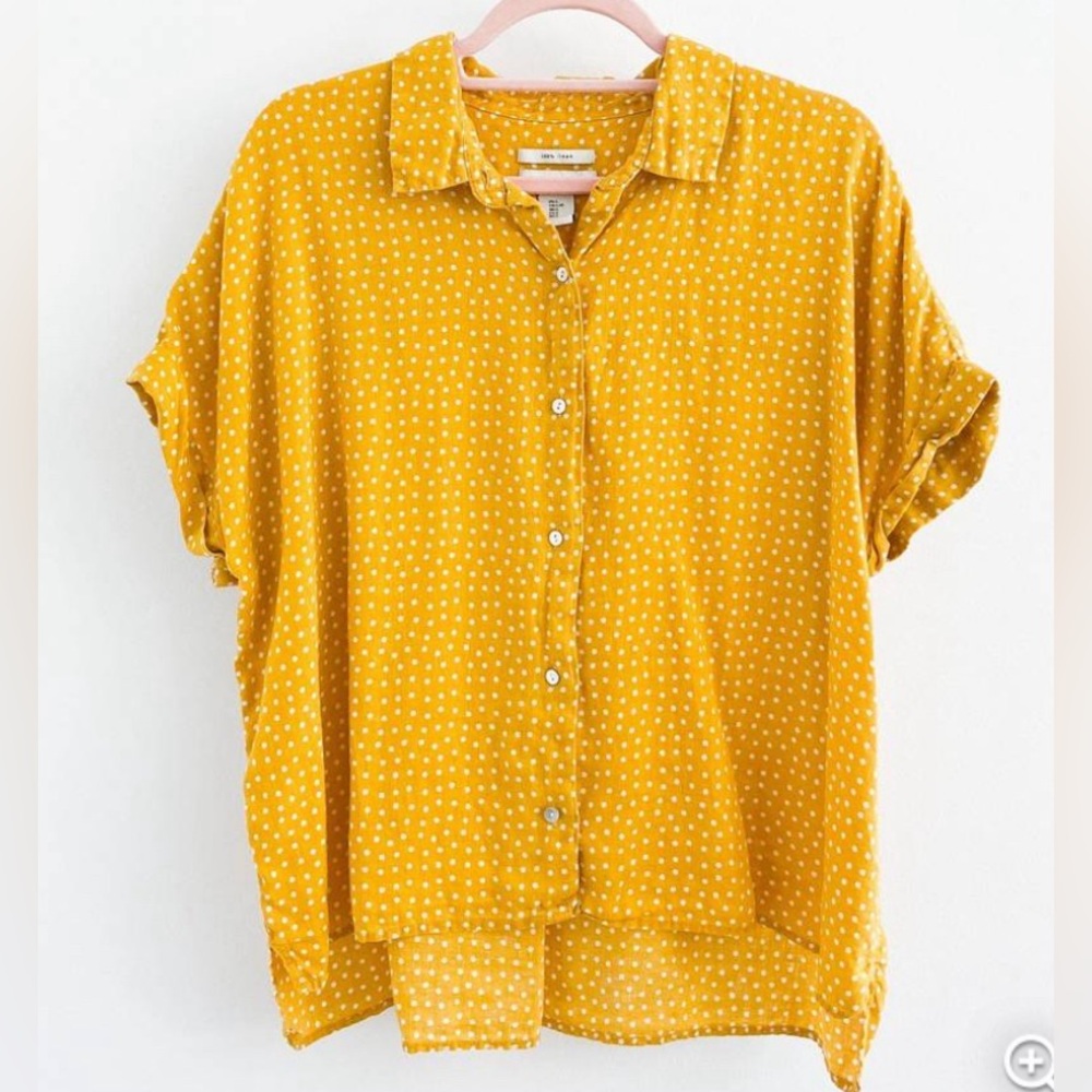 Rachel Zoe 100% Linen Polka Dot Cap Sleeve Button Down Top